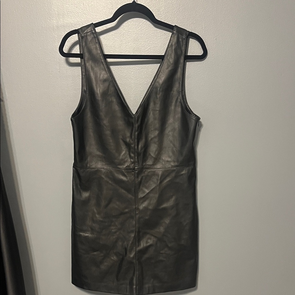 Mango Black Faux Leather Dress with V-Neck